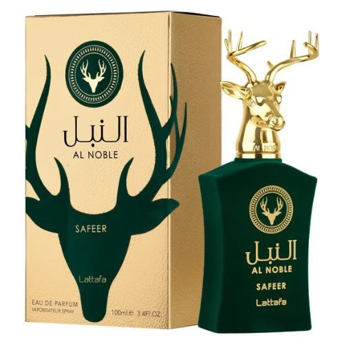 Perfume árabe Al Noble Safeer em caixa dourada e frasco verde