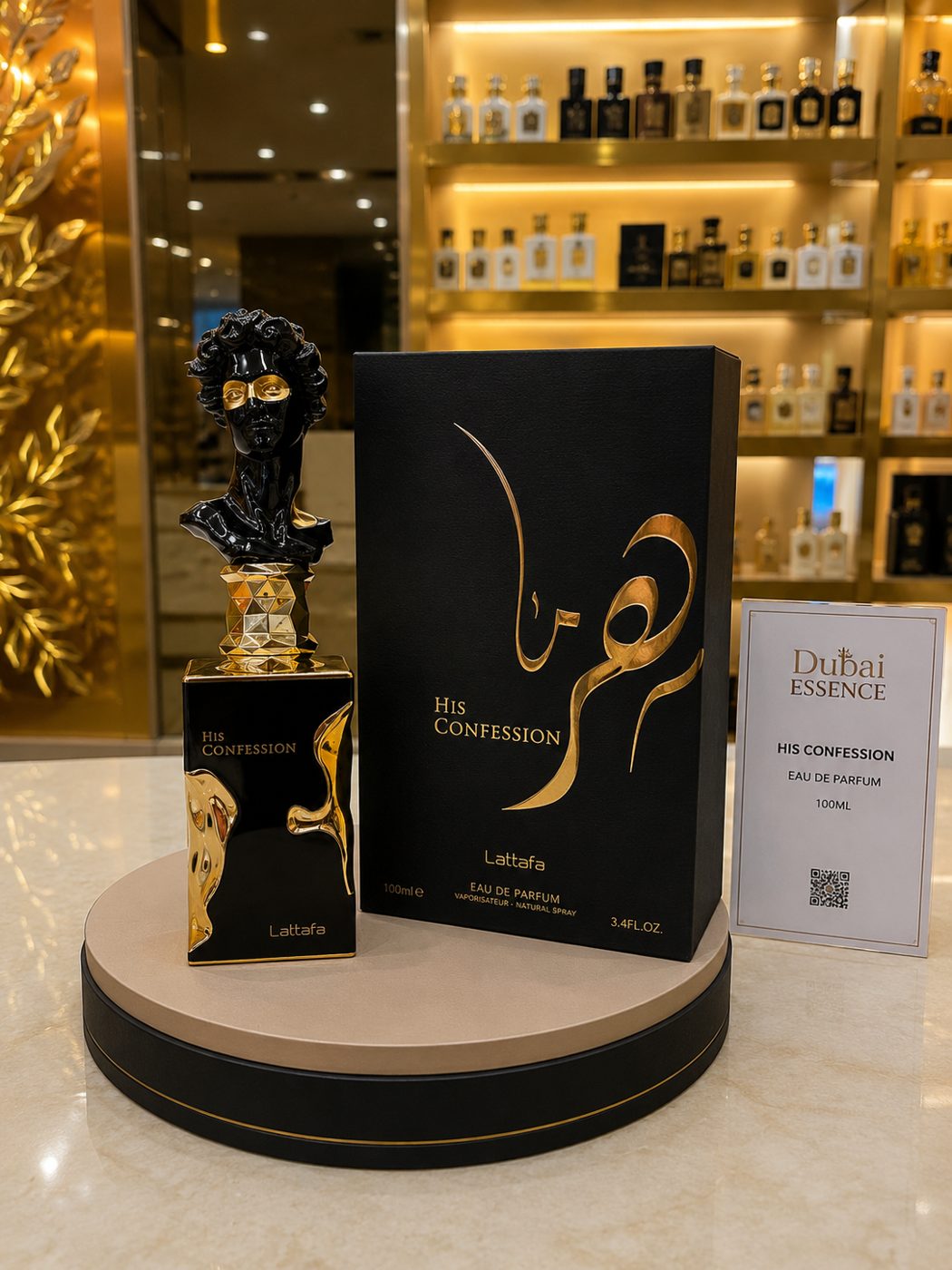 Vitrine iluminada da Dubai Essence com frascos de perfumes árabes expostos