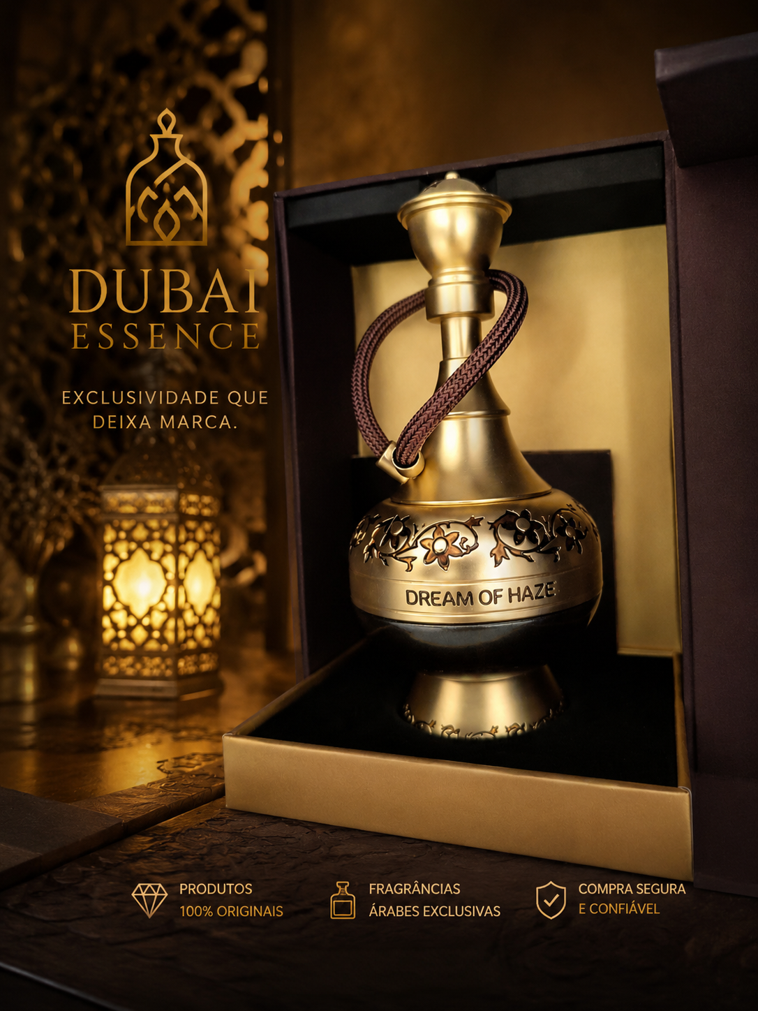 Frasco dourado do perfume árabe Dream of Haze em estojo elegante, iluminado em ambiente sofisticado